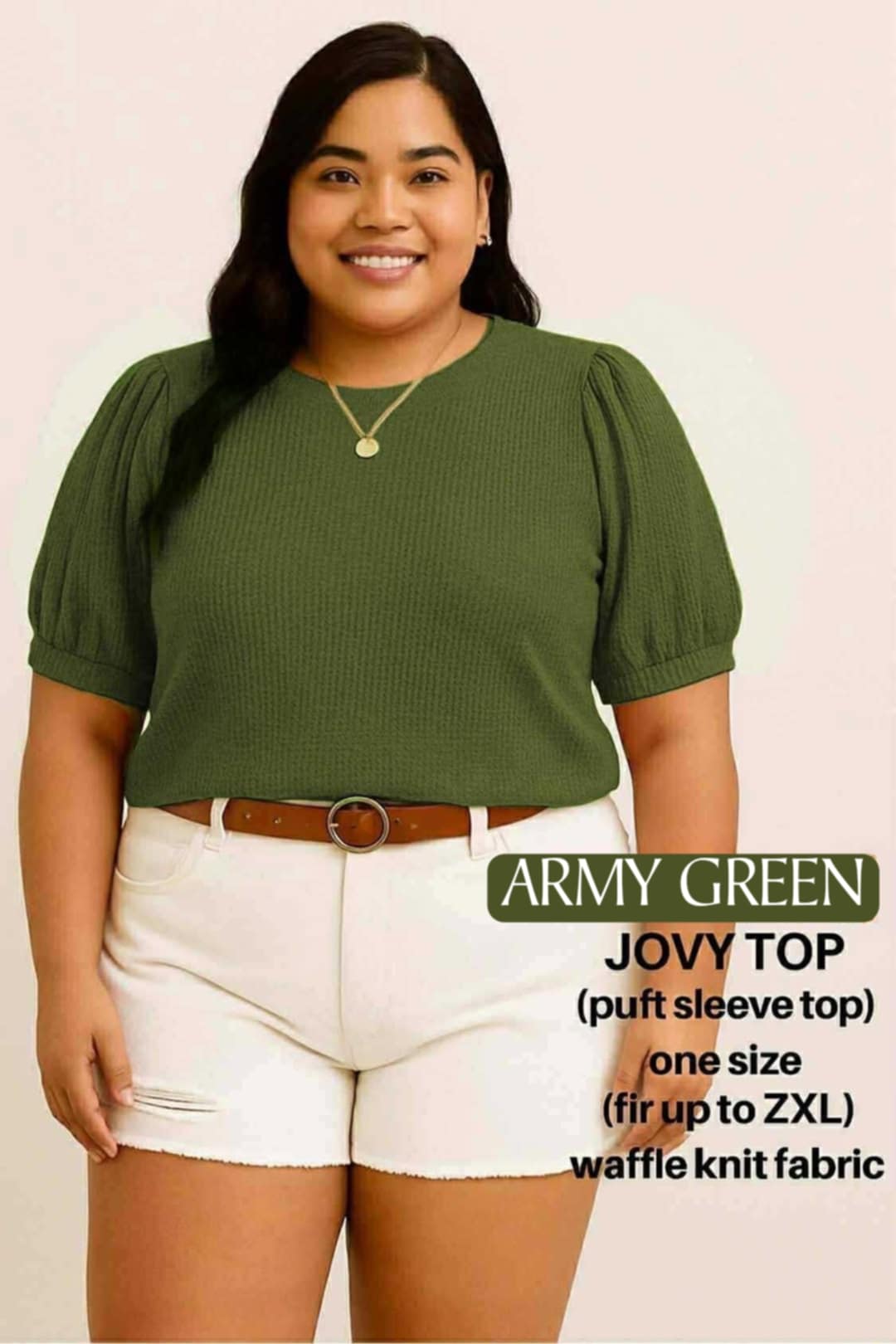 PLUS SIZE JOVY Feminine Waffle Knit Puff Sleeve Shirt