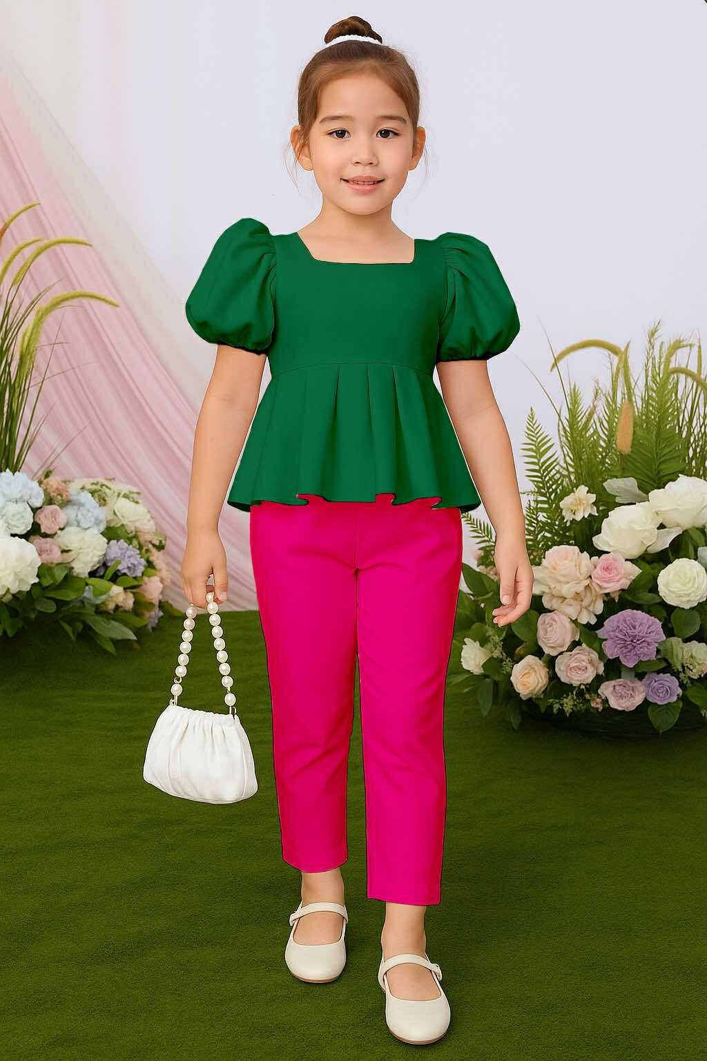 Atalia Puff Sleeve Pleated Top & Trouser Pants Set – Mini Style, Maximum Charm