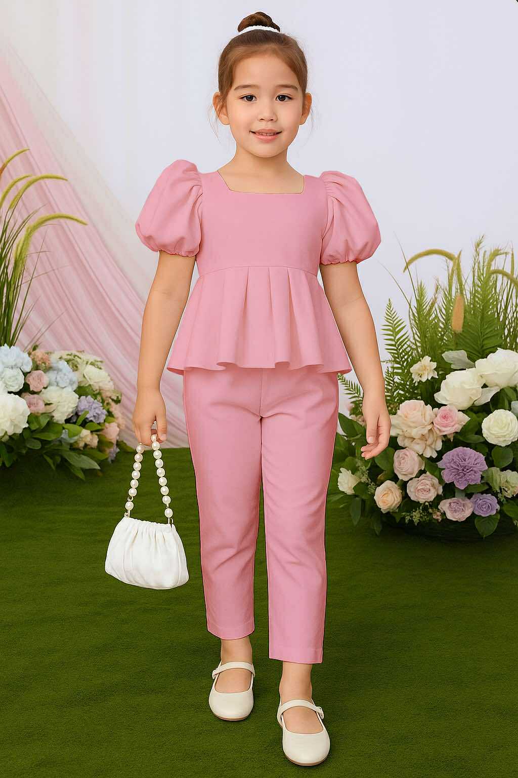 Atalia Puff Sleeve Pleated Top & Trouser Pants Set – Mini Style, Maximum Charm