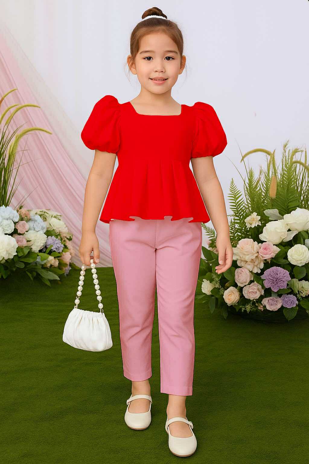 Atalia Puff Sleeve Pleated Top & Trouser Pants Set – Mini Style, Maximum Charm