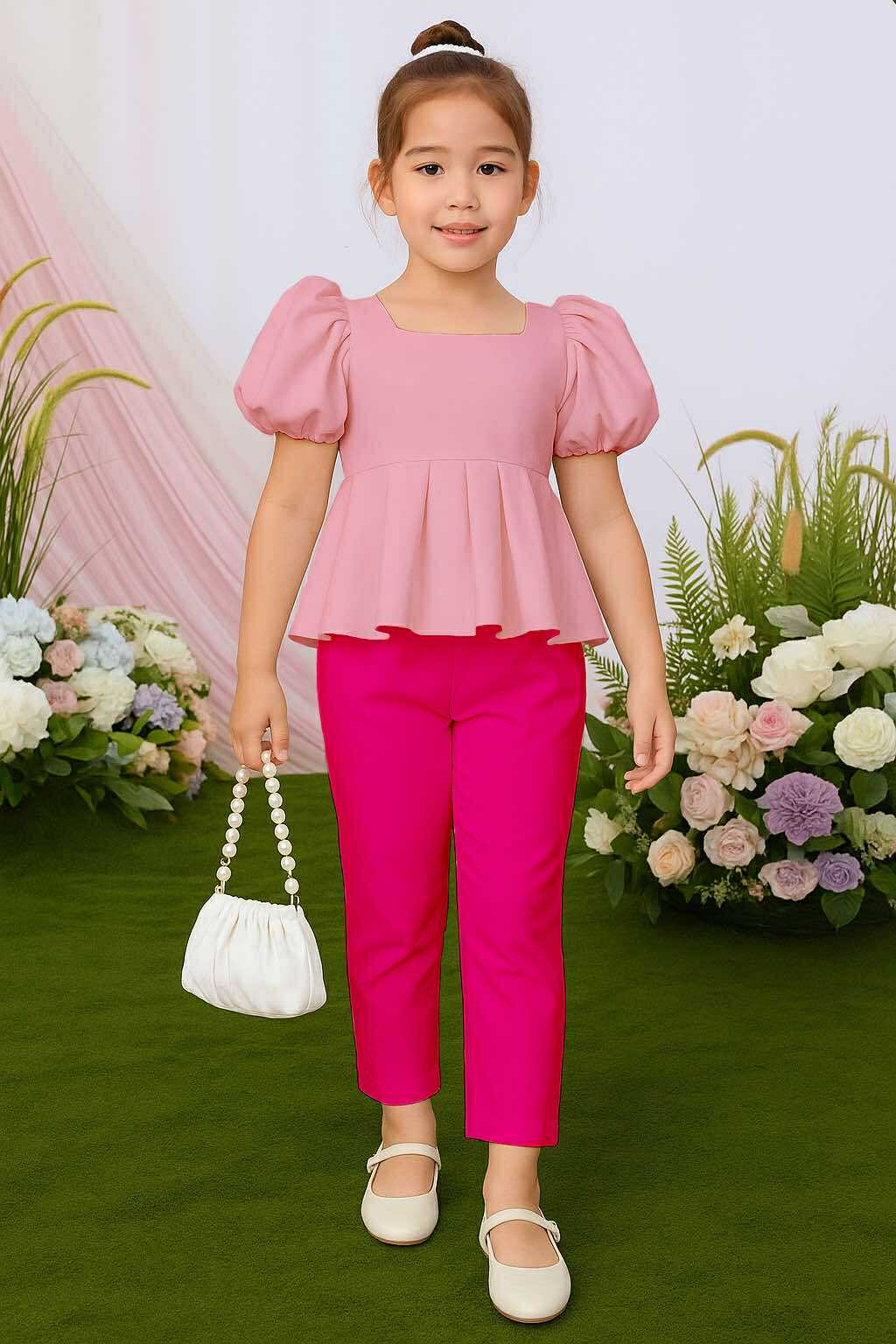 Atalia Puff Sleeve Pleated Top & Trouser Pants Set – Mini Style, Maximum Charm