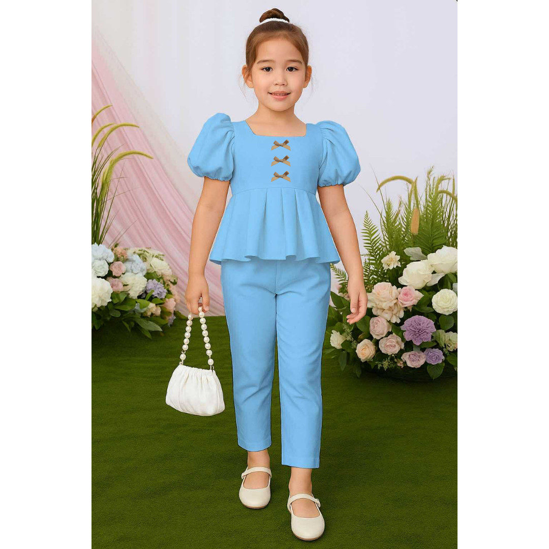 Atalia Puff Sleeve Pleated Top & Trouser Pants Set – Mini Style, Maximum Charm