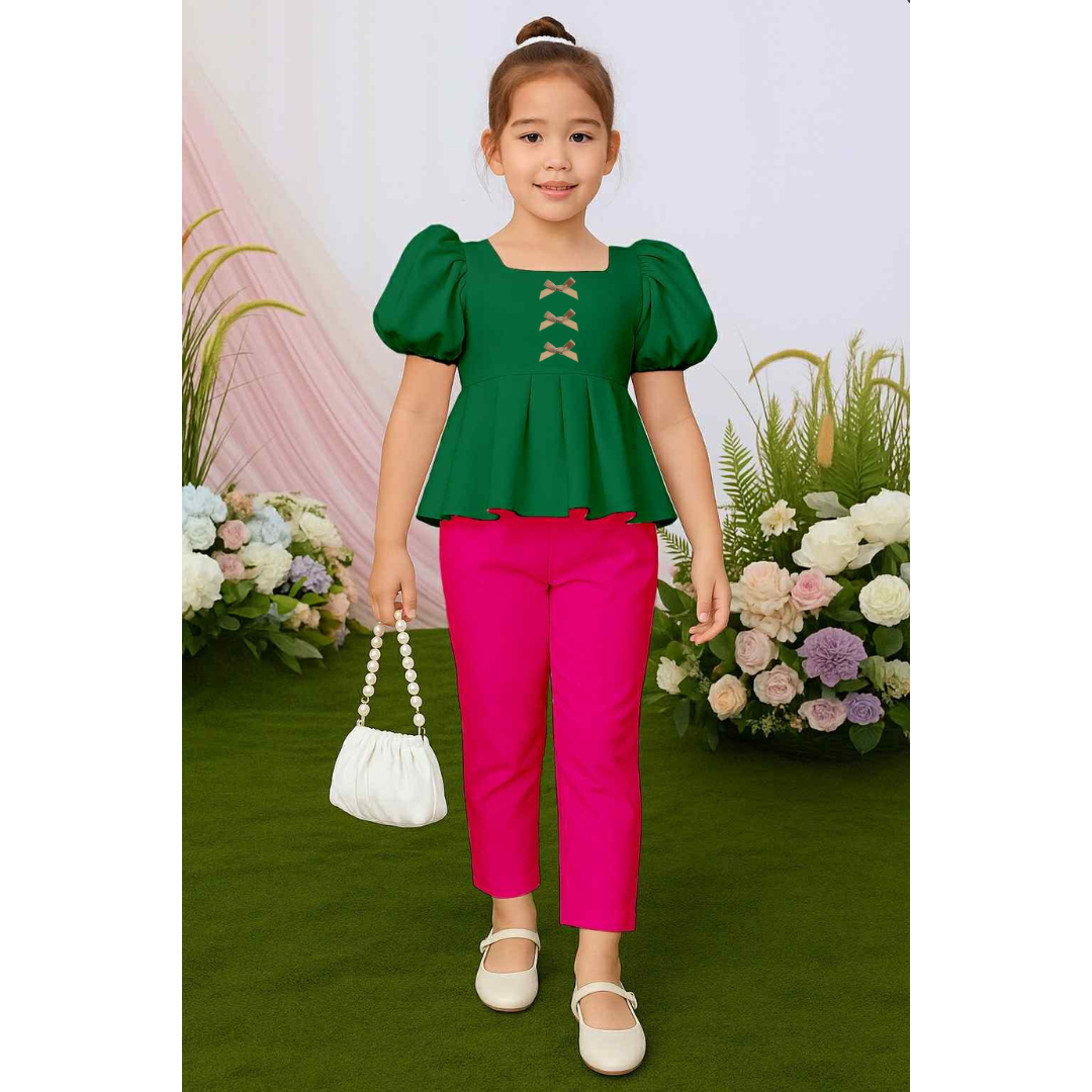 Atalia Puff Sleeve Pleated Top & Trouser Pants Set – Mini Style, Maximum Charm