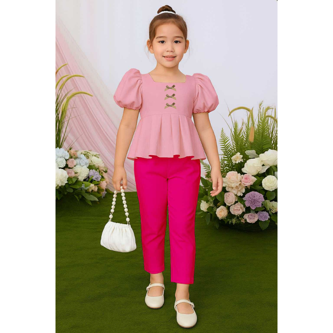 Atalia Puff Sleeve Pleated Top & Trouser Pants Set – Mini Style, Maximum Charm