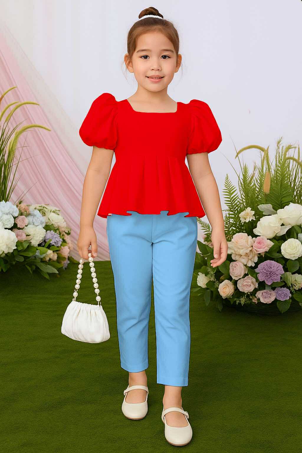 Atalia Puff Sleeve Pleated Top & Trouser Pants Set – Mini Style, Maximum Charm