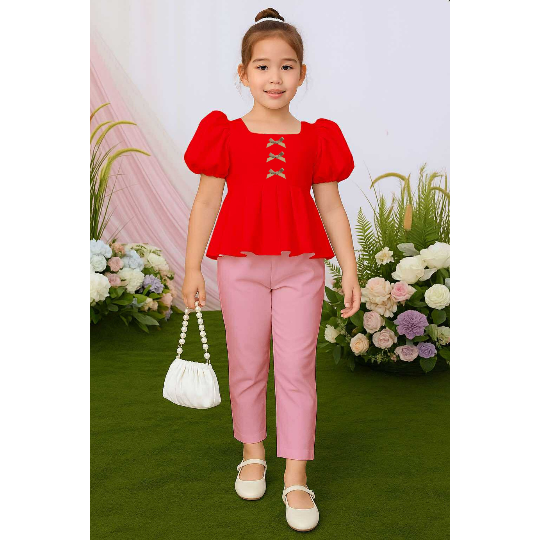 Atalia Puff Sleeve Pleated Top & Trouser Pants Set – Mini Style, Maximum Charm