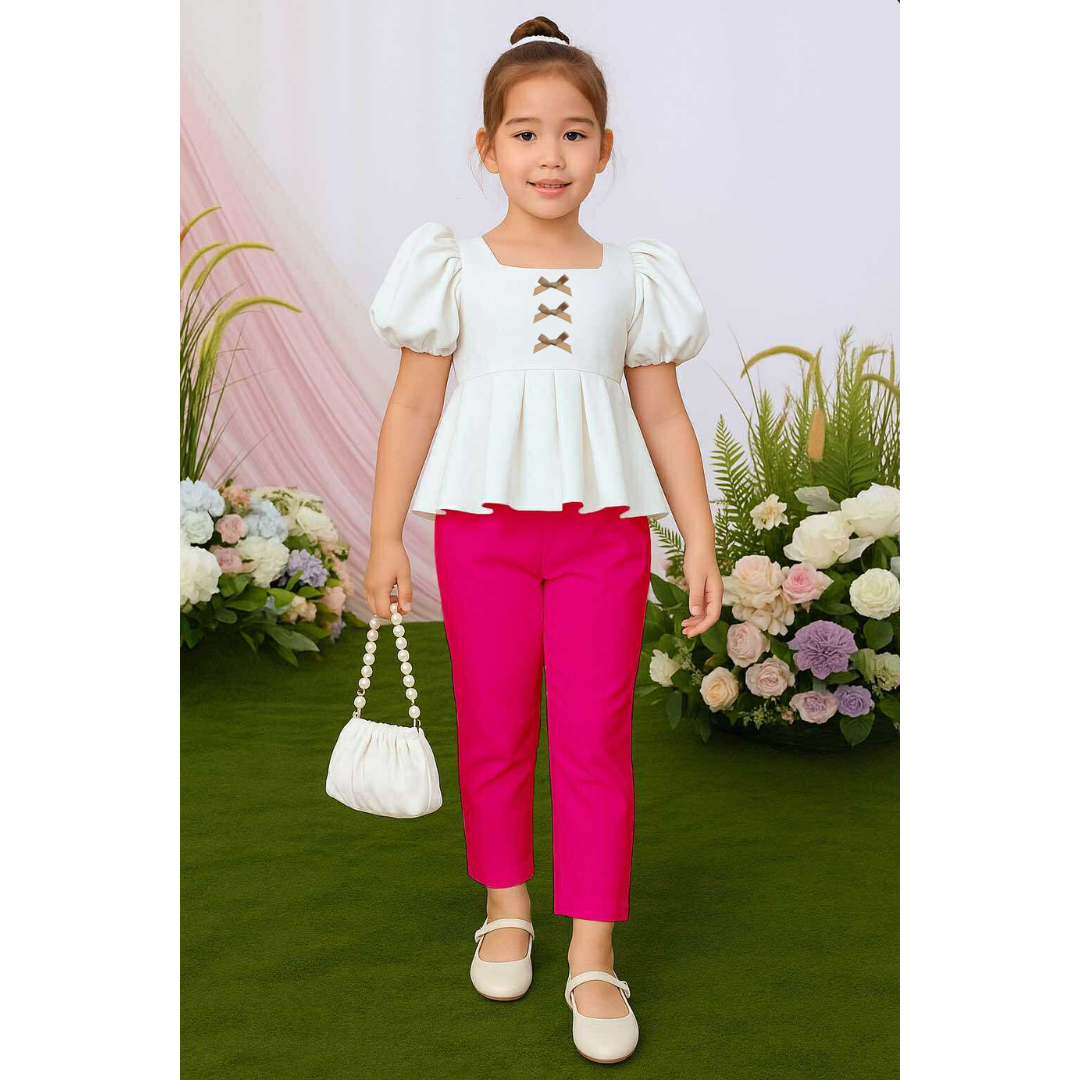 Atalia Puff Sleeve Pleated Top & Trouser Pants Set – Mini Style, Maximum Charm