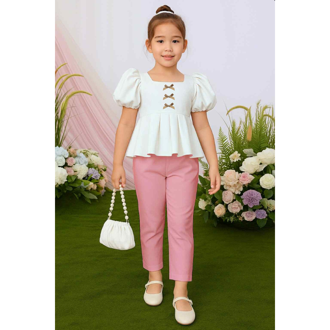 Atalia Puff Sleeve Pleated Top & Trouser Pants Set – Mini Style, Maximum Charm