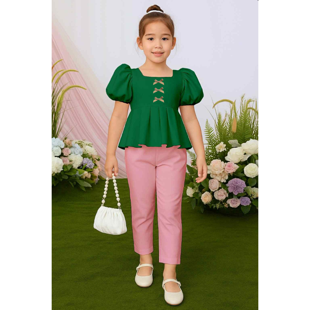 Atalia Puff Sleeve Pleated Top & Trouser Pants Set – Mini Style, Maximum Charm