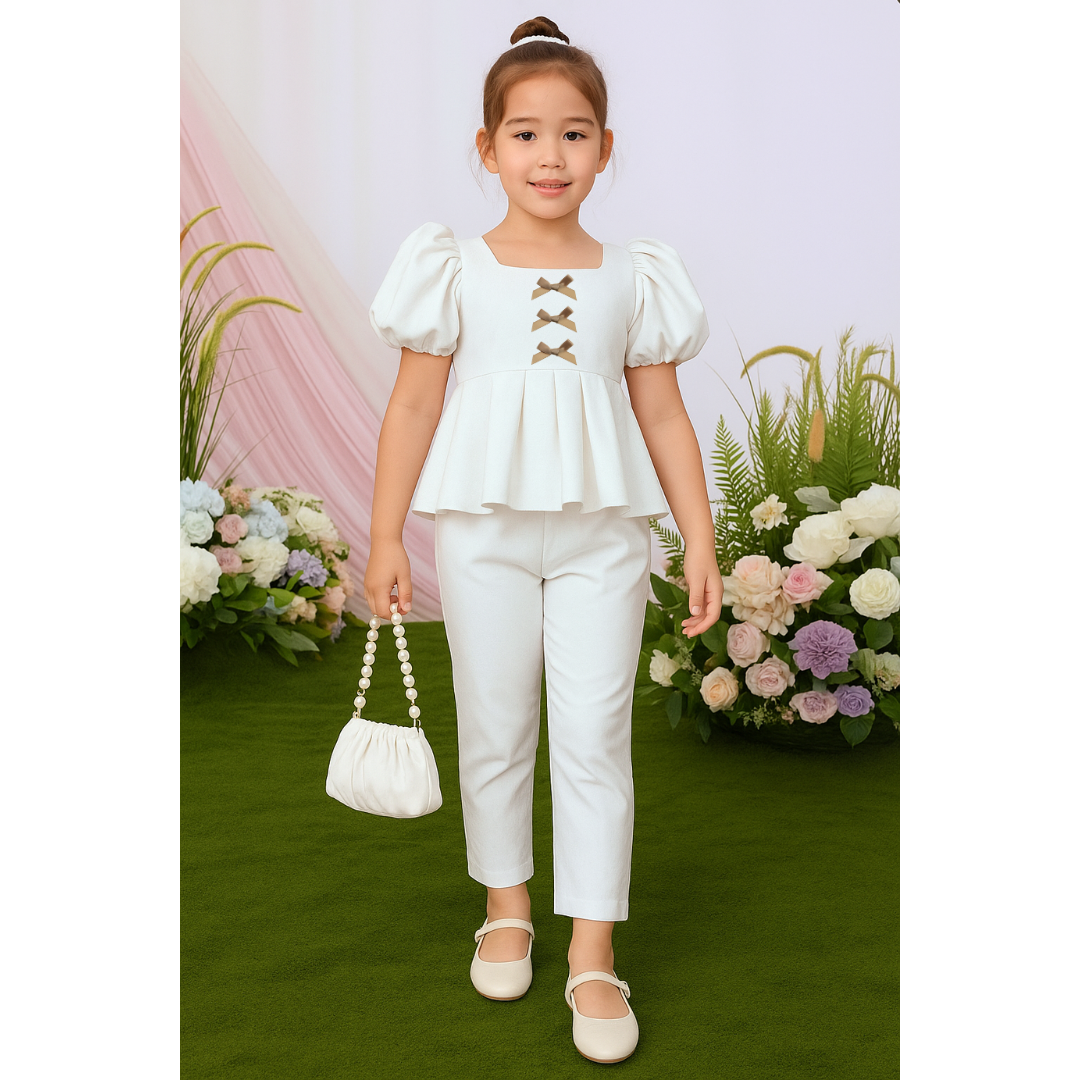 Atalia Puff Sleeve Pleated Top & Trouser Pants Set – Mini Style, Maximum Charm