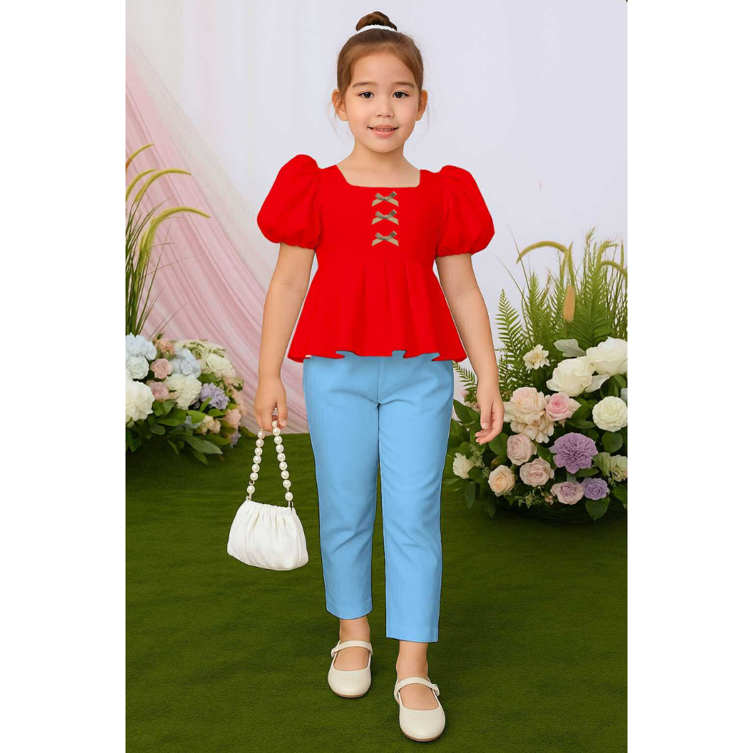 Atalia Puff Sleeve Pleated Top & Trouser Pants Set – Mini Style, Maximum Charm