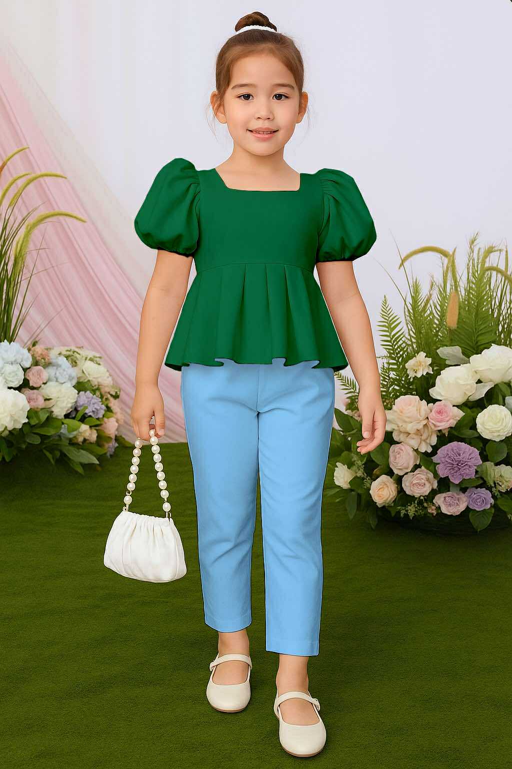 Atalia Puff Sleeve Pleated Top & Trouser Pants Set – Mini Style, Maximum Charm