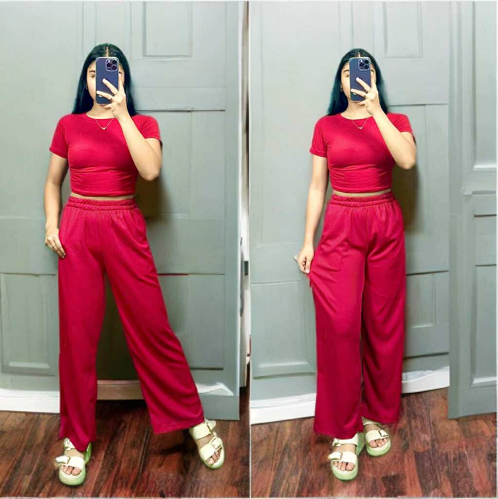 Women's Cotton Spandex Crop Top & Waffle Knit Pants Set – Free Size