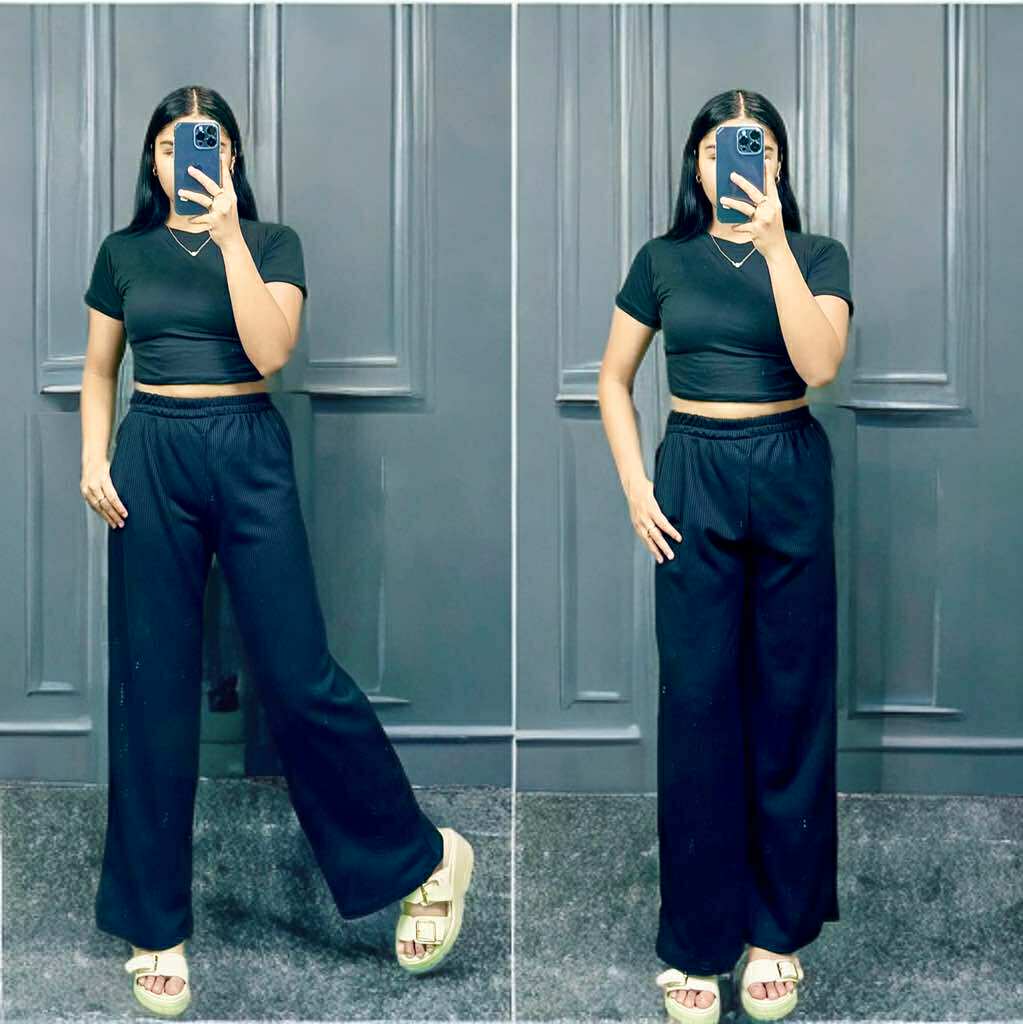 Women's Cotton Spandex Crop Top & Waffle Knit Pants Set – Free Size