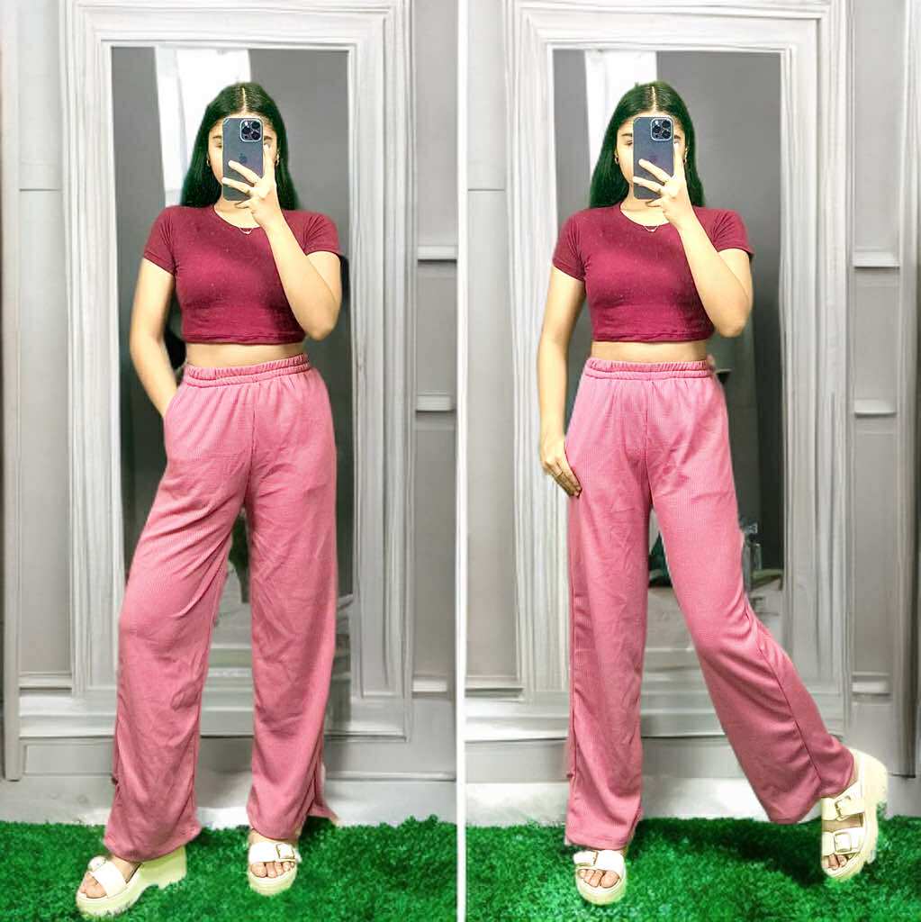 Women's Cotton Spandex Crop Top & Waffle Knit Pants Set – Free Size