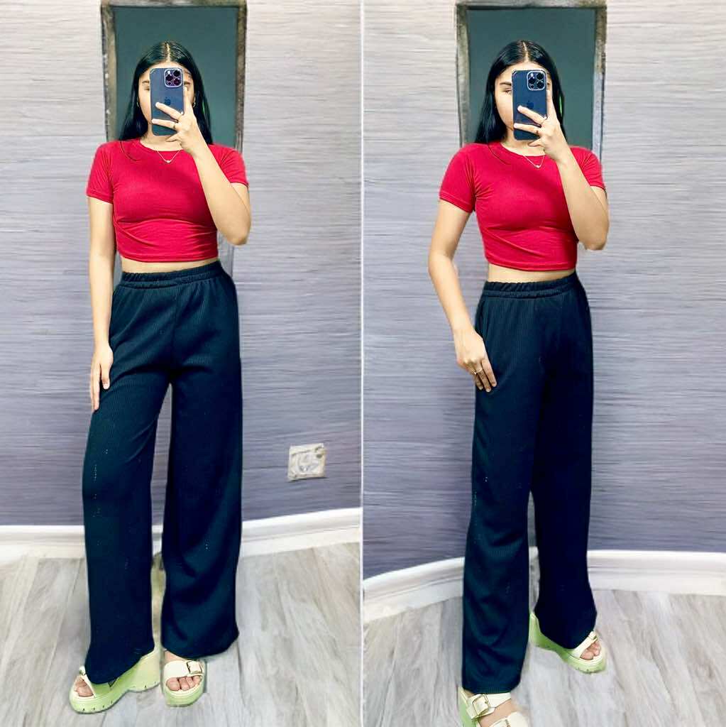 Women's Cotton Spandex Crop Top & Waffle Knit Pants Set – Free Size
