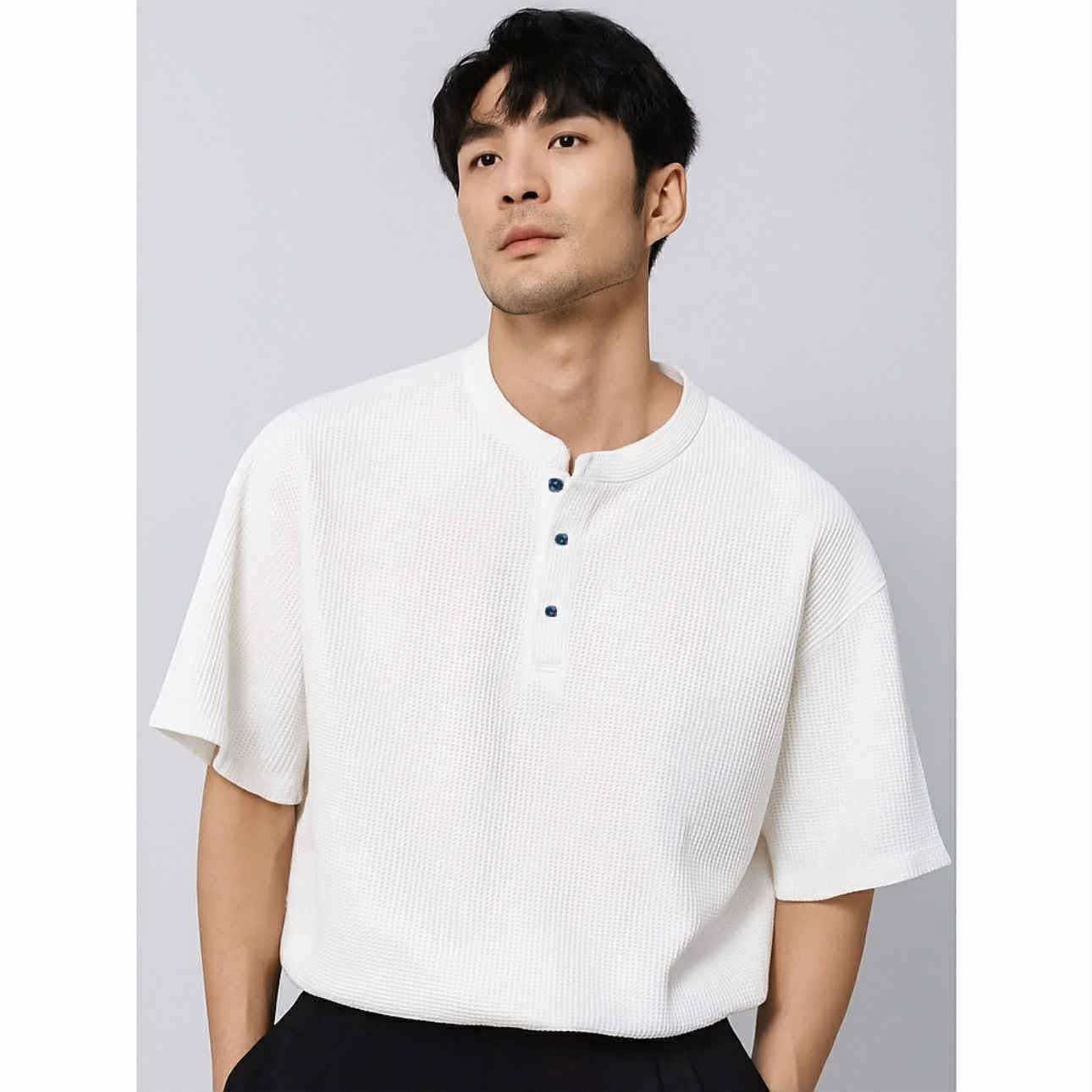 MARCUS Men’s Trendy Top – Chinese Collar Style | Waffle Knit | Free Size