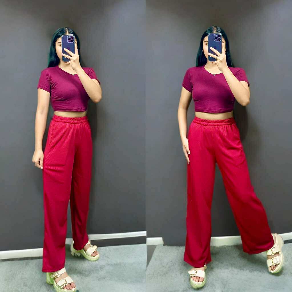 Women's Cotton Spandex Crop Top & Waffle Knit Pants Set – Free Size