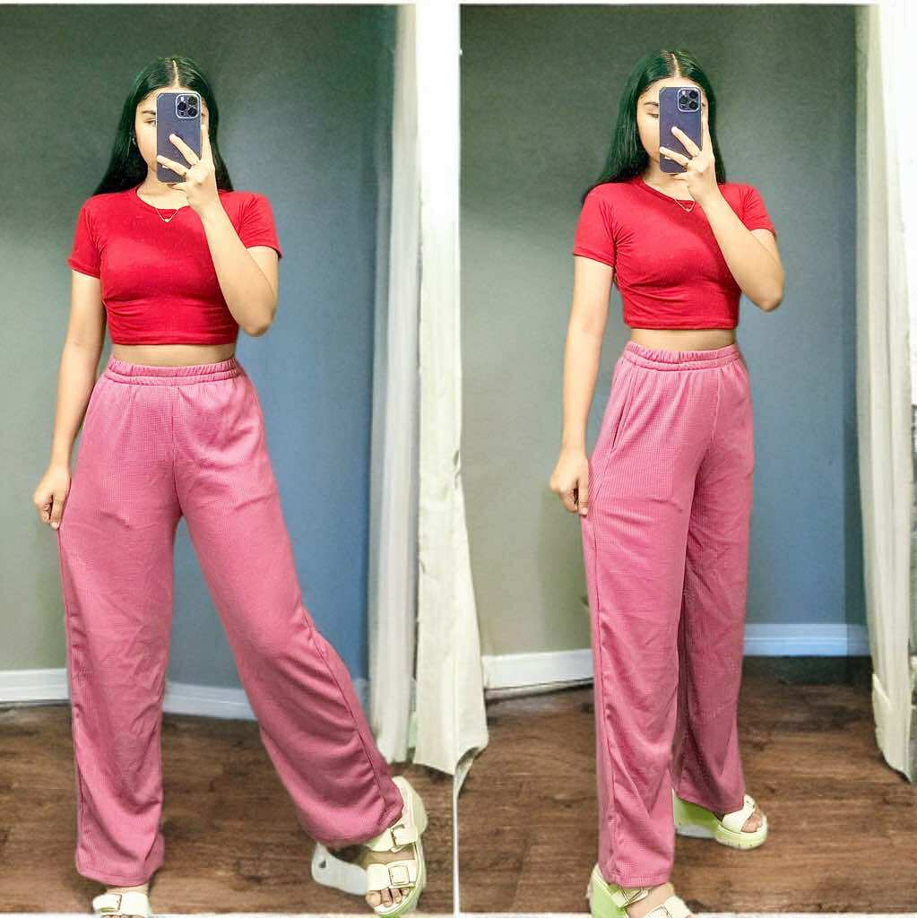 Women's Cotton Spandex Crop Top & Waffle Knit Pants Set – Free Size