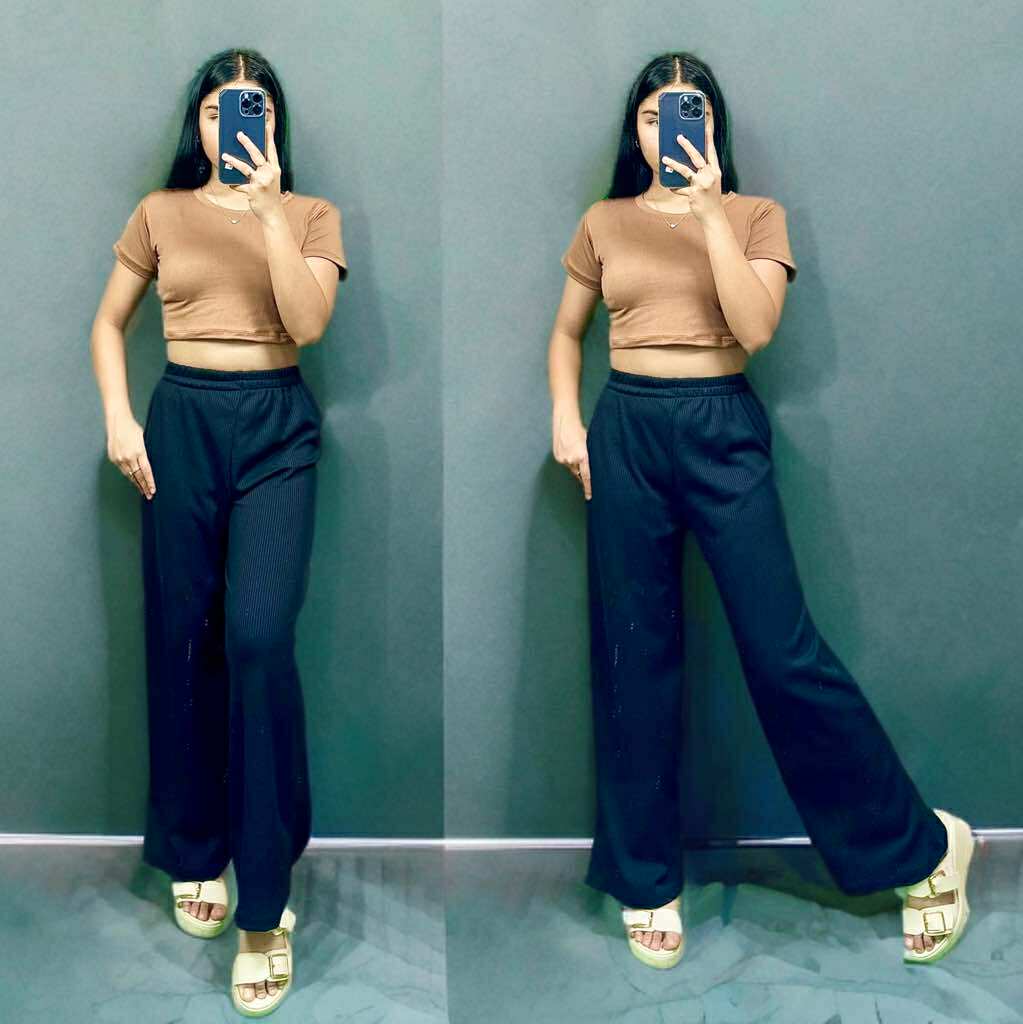 Women's Cotton Spandex Crop Top & Waffle Knit Pants Set – Free Size