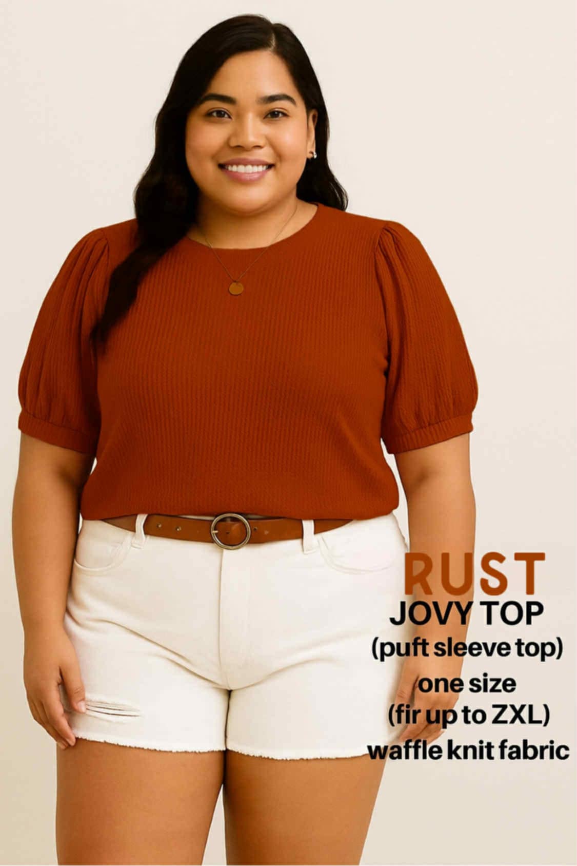 PLUS SIZE JOVY Feminine Waffle Knit Puff Sleeve Shirt