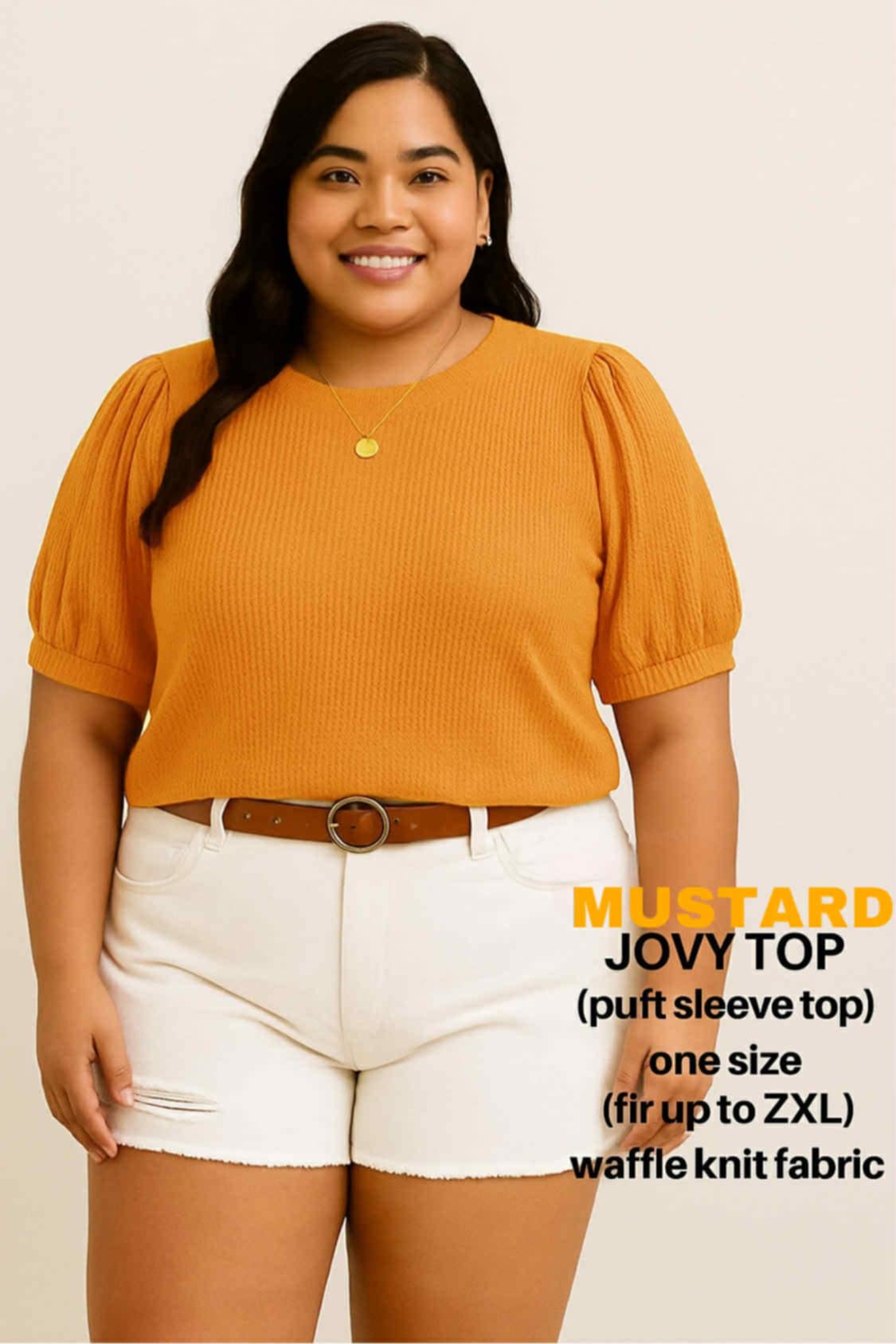 PLUS SIZE JOVY Feminine Waffle Knit Puff Sleeve Shirt