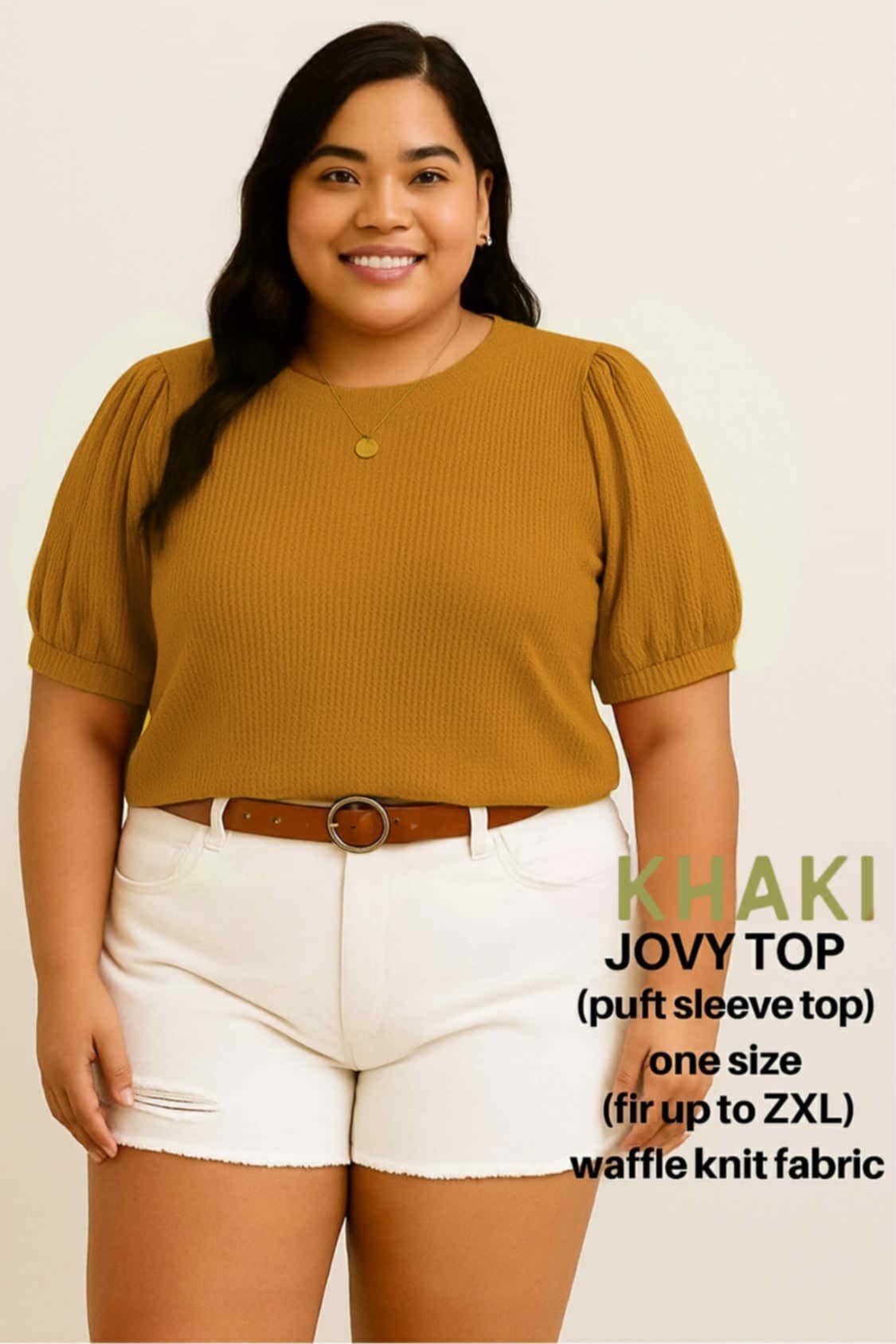 PLUS SIZE JOVY Feminine Waffle Knit Puff Sleeve Shirt