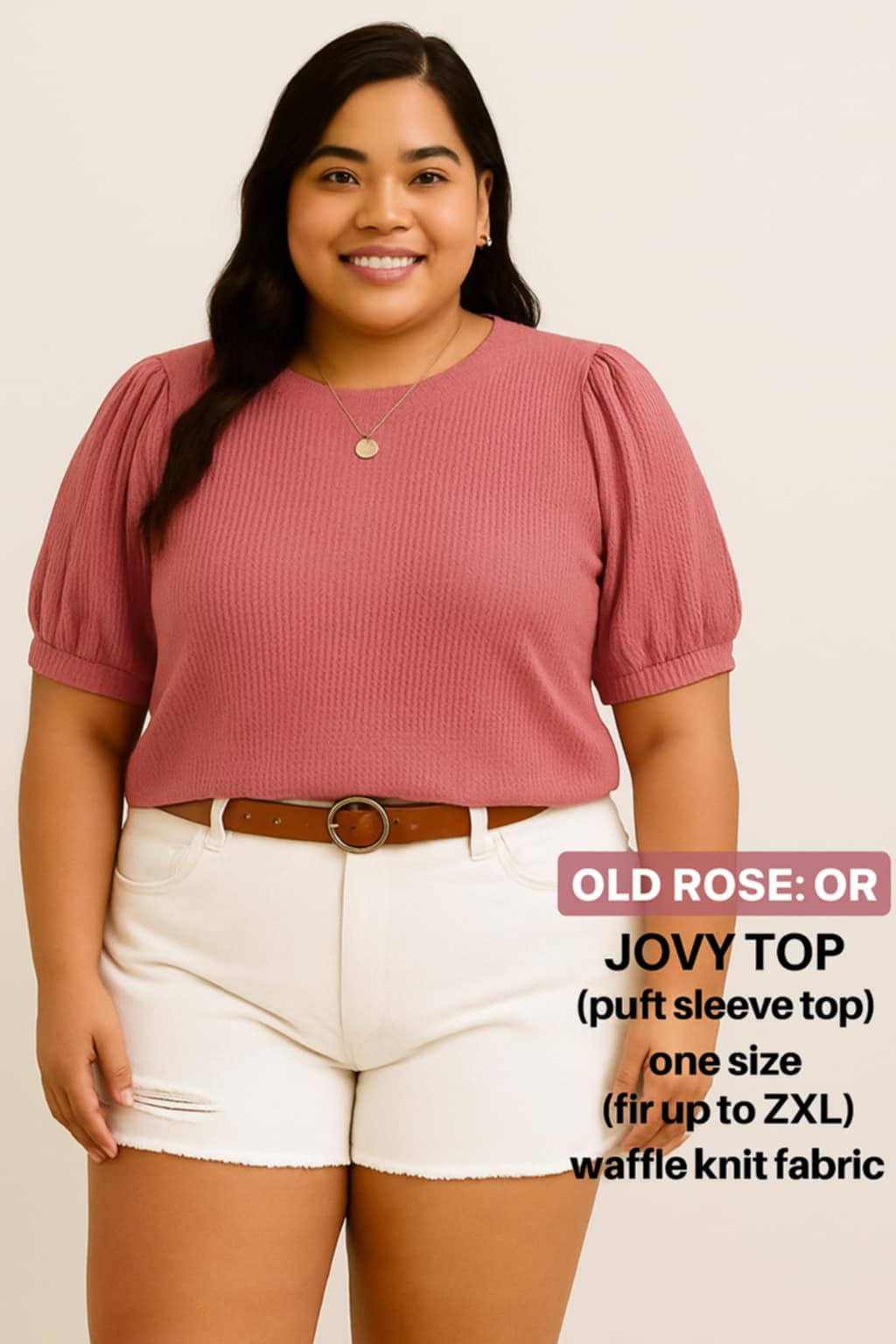 PLUS SIZE JOVY Feminine Waffle Knit Puff Sleeve Shirt
