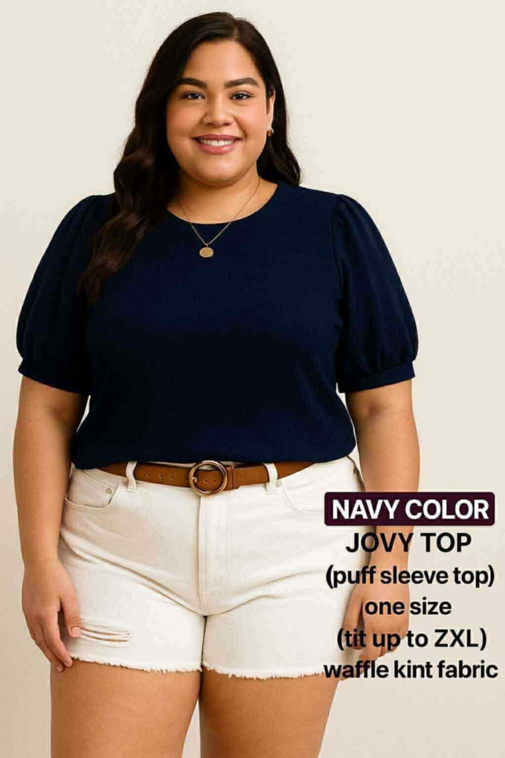 PLUS SIZE JOVY Feminine Waffle Knit Puff Sleeve Shirt