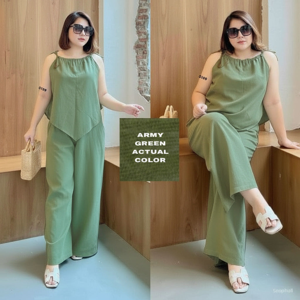 Plus Size Cotton Linen Terno Set – Free Size Fits L to 2XL | Sleeveless Top & Wide-Leg Pants OOTD for Women