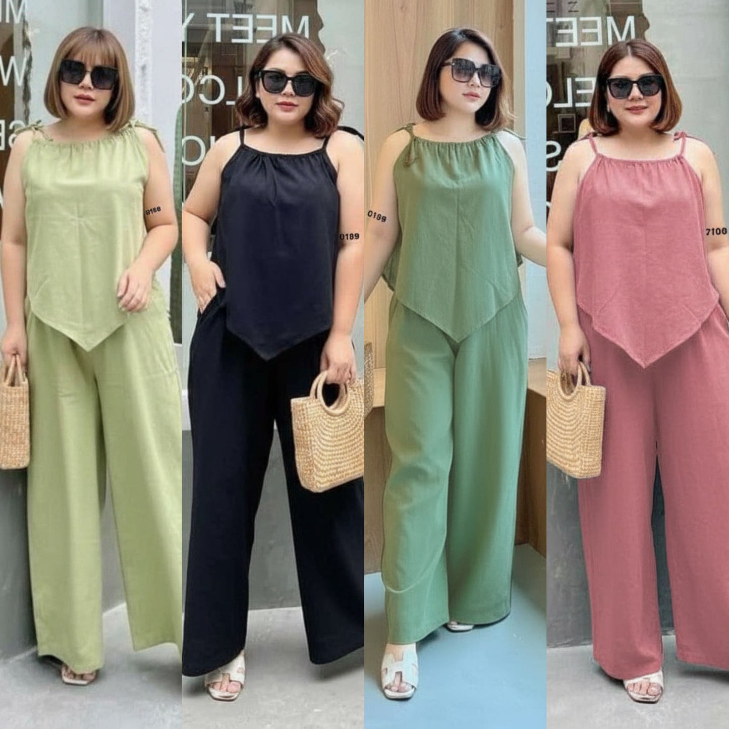 Plus Size Cotton Linen Terno Set – Free Size Fits L to 2XL | Sleeveless Top & Wide-Leg Pants OOTD for Women