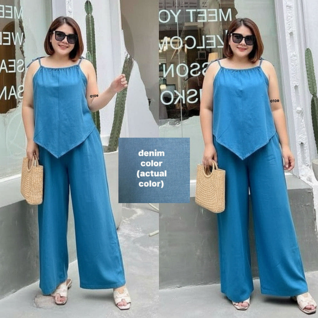 Plus Size Cotton Linen Terno Set – Free Size Fits L to 2XL | Sleeveless Top & Wide-Leg Pants OOTD for Women