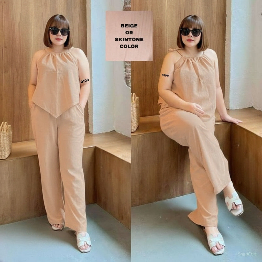 Plus Size Cotton Linen Terno Set – Free Size Fits L to 2XL | Sleeveless Top & Wide-Leg Pants OOTD for Women