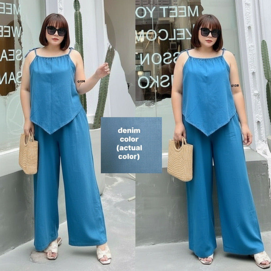 Plus Size Cotton Linen Terno Set – Free Size Fits L to 2XL | Sleeveless Top & Wide-Leg Pants OOTD for Women