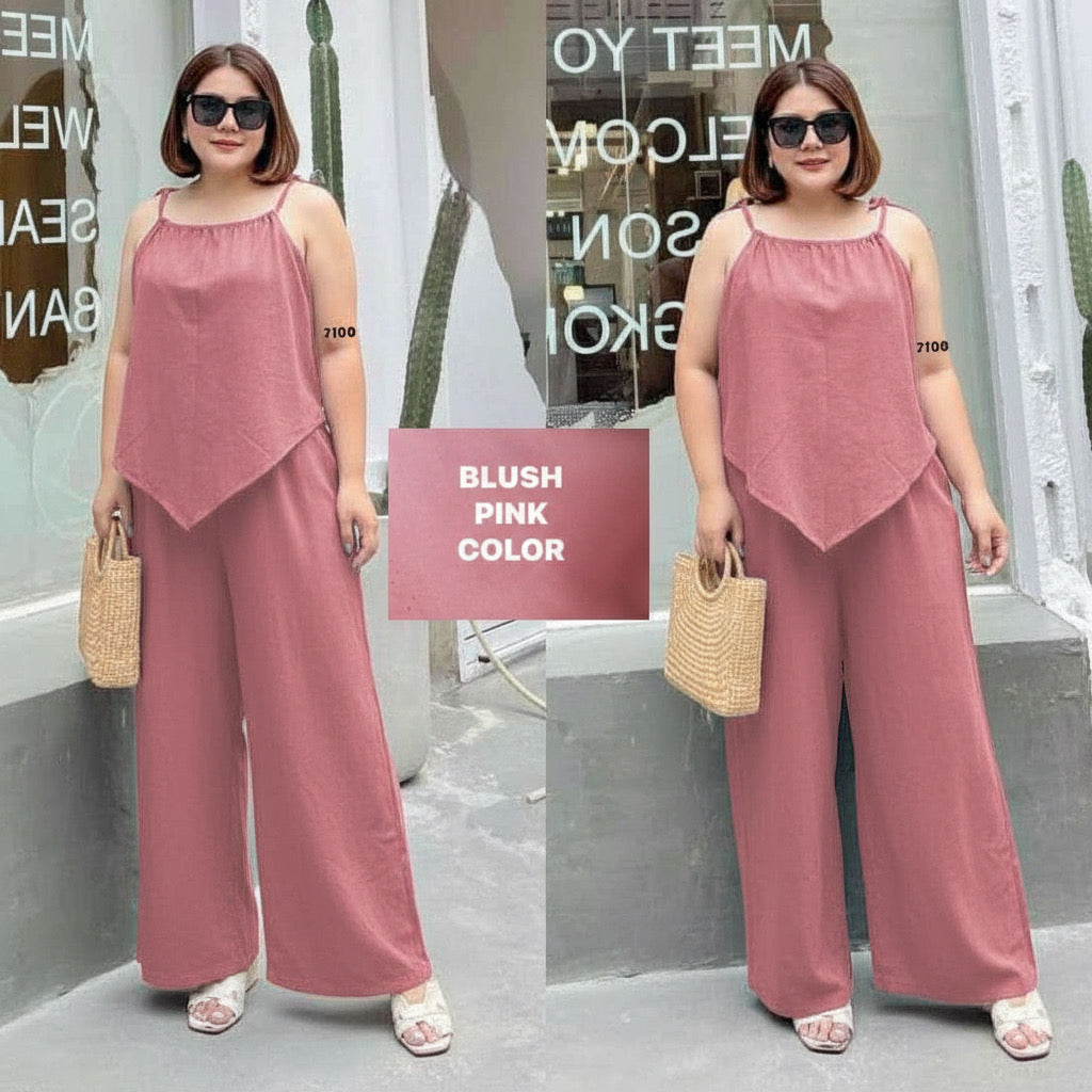Plus Size Cotton Linen Terno Set – Free Size Fits L to 2XL | Sleeveless Top & Wide-Leg Pants OOTD for Women