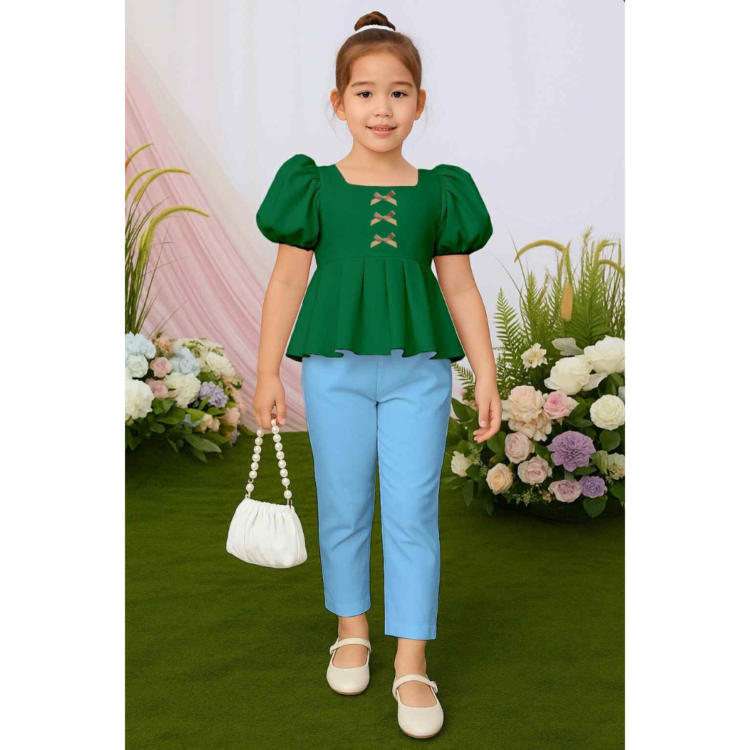 Atalia Puff Sleeve Pleated Top & Trouser Pants Set – Mini Style, Maximum Charm