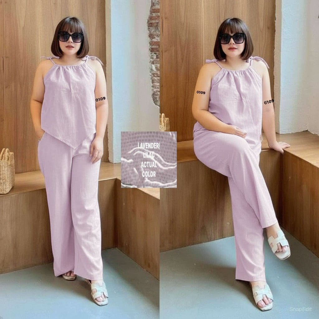 Plus Size Cotton Linen Terno Set – Free Size Fits L to 2XL | Sleeveless Top & Wide-Leg Pants OOTD for Women