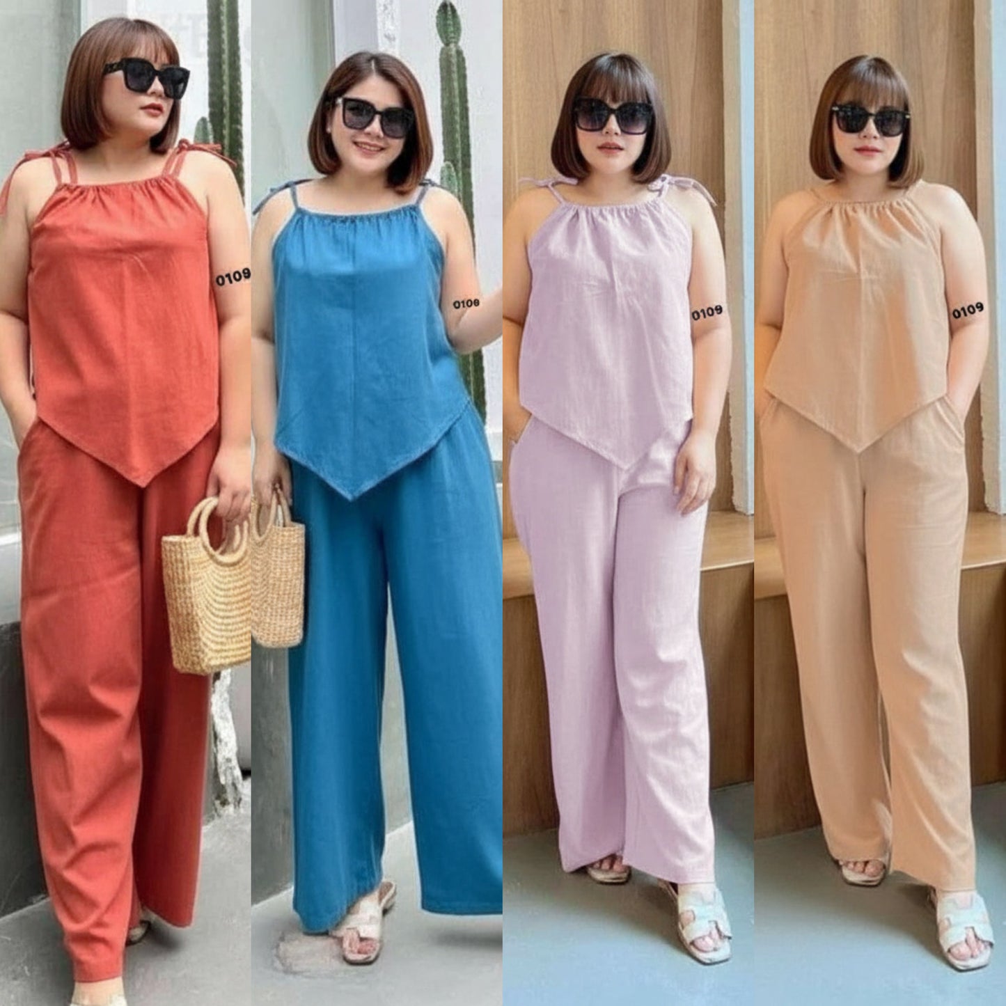 Plus Size Cotton Linen Terno Set – Free Size Fits L to 2XL | Sleeveless Top & Wide-Leg Pants OOTD for Women