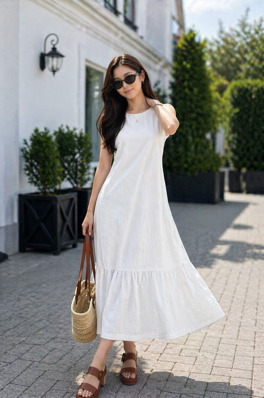 Sleeveless Flowy Midi Dress for Women-Korean Minimalists Casual Dress- Summer Cotton Linen Dress