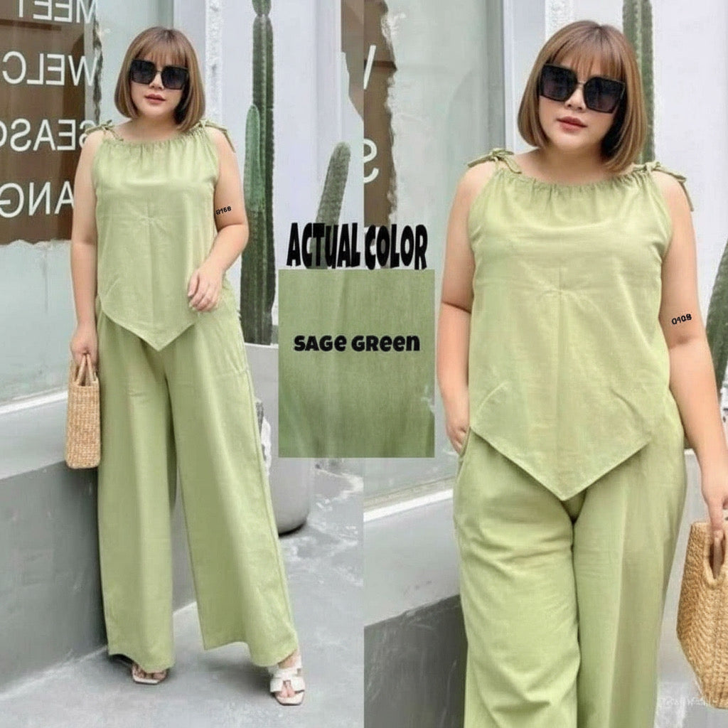 Plus Size Cotton Linen Terno Set – Free Size Fits L to 2XL | Sleeveless Top & Wide-Leg Pants OOTD for Women