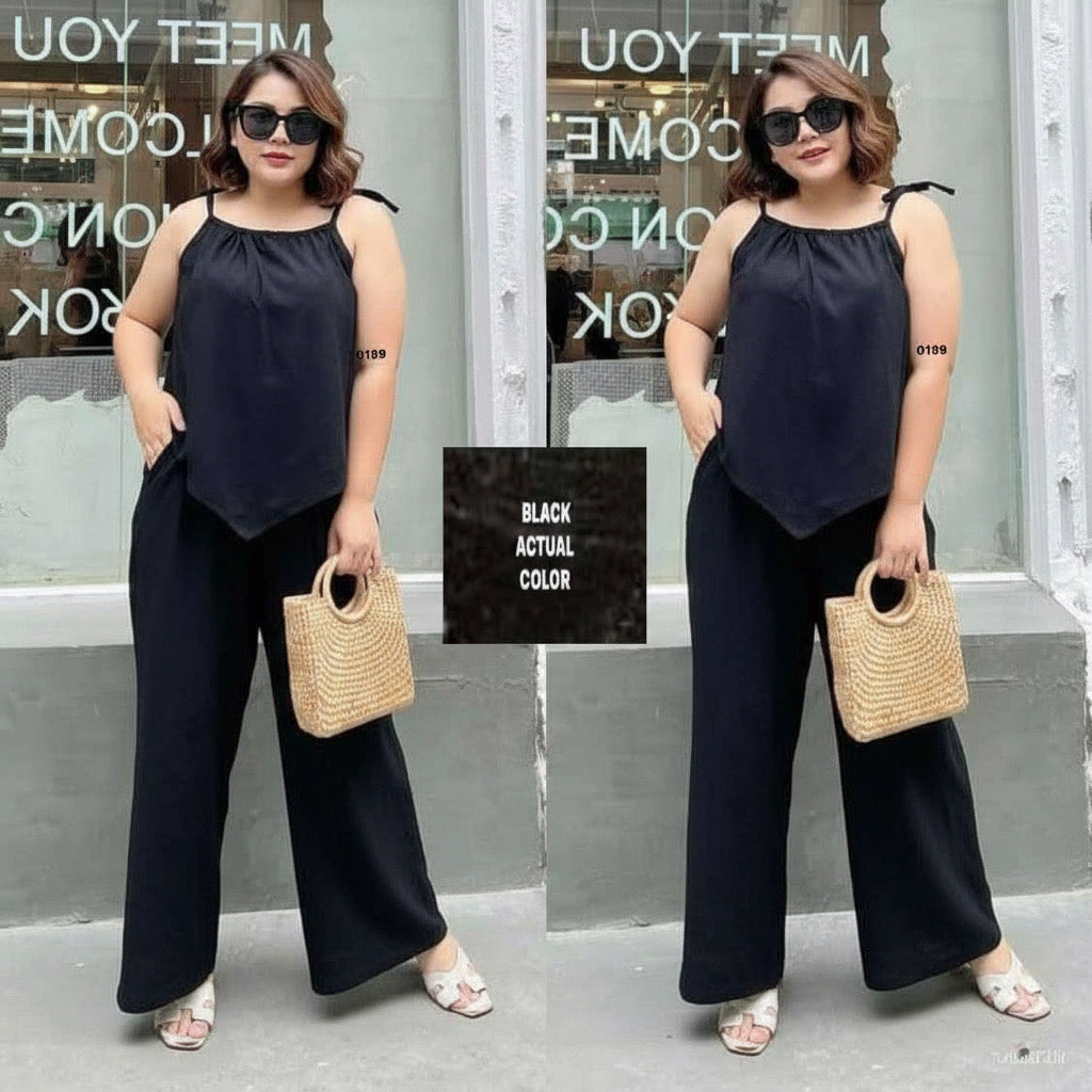 Plus Size Cotton Linen Terno Set – Free Size Fits L to 2XL | Sleeveless Top & Wide-Leg Pants OOTD for Women